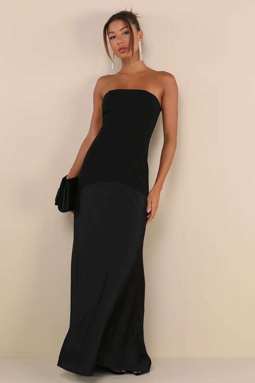 NWT Lulus Compelling Style Black Strapless A-Line Maxi Dress Wedding Prom Sz XS